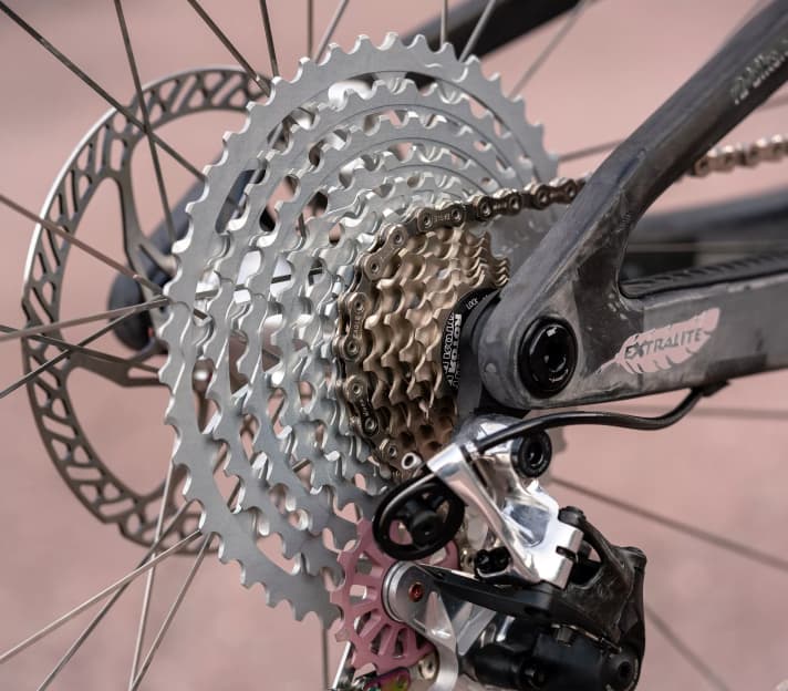 Rotor cassette with 11-46 teeth, not quite suitable for high mountains - but it is light and closely spaced.