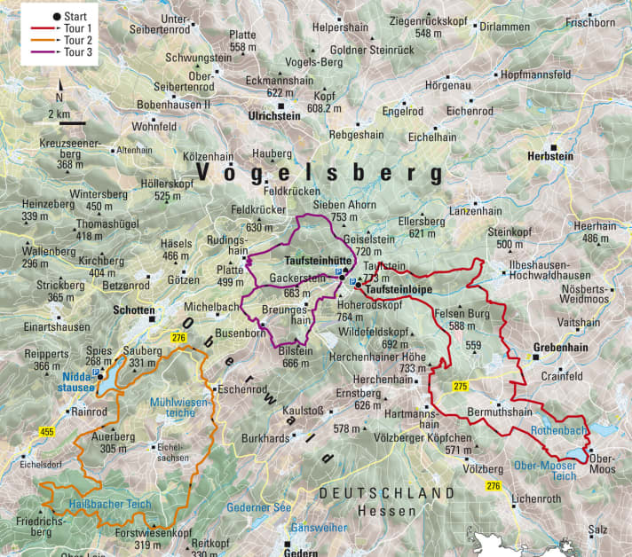   Die drei MTB-Touren in Vogelsberg in der Übersichtskarte.