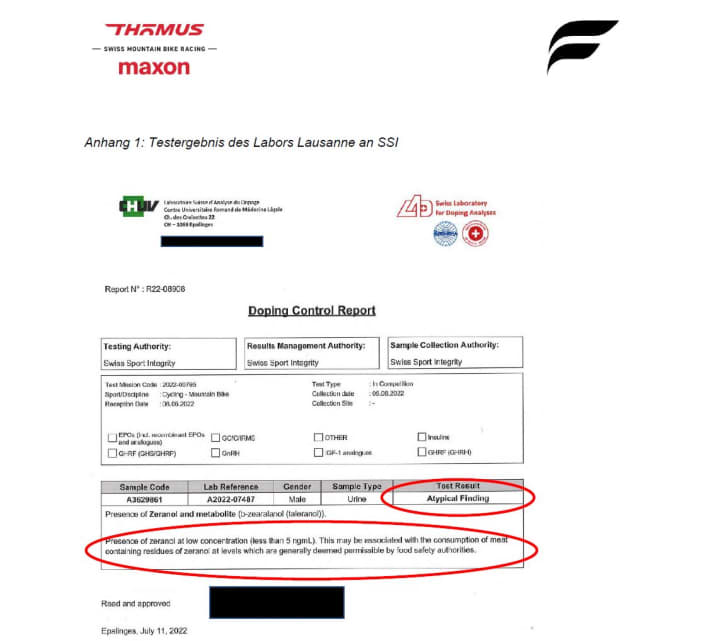 Flückiger's test result from the Lausanne laboratory, which was sent to the Swiss Anti-Doping Agency (Swiss Sport Integrity).