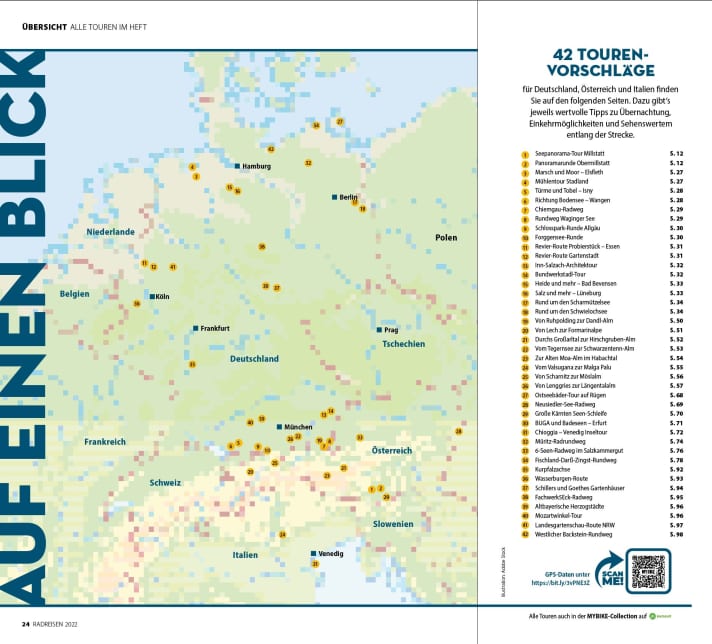 From Rügen to Venice, from Cologne to Lake Neusiedl: In the large tour section you will find 42 tour suggestions for Germany, Austria and Italy. In addition, there are valuable tips on where to stay, where to stop for refreshments and places of interest.