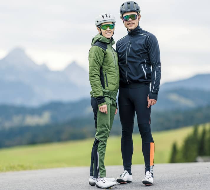 DYNAMICS - Women: Tech II thermal jacket/Thermo wind protection cycling shorts long; Men: Profi softshell jacket/Performance bib shorts long