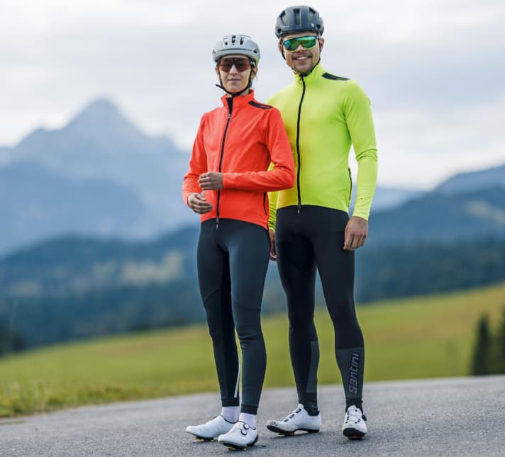 SANTINI - Women: Adapt Multi Jacket/Guard Nimb cycling shorts; Men: Adapt Multi Jacket/Adapt Long cycling shorts