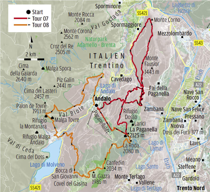   Paganella Lagorai: Trentino tours 07 (Bear Trails) and 08 (Paganella Panorama).