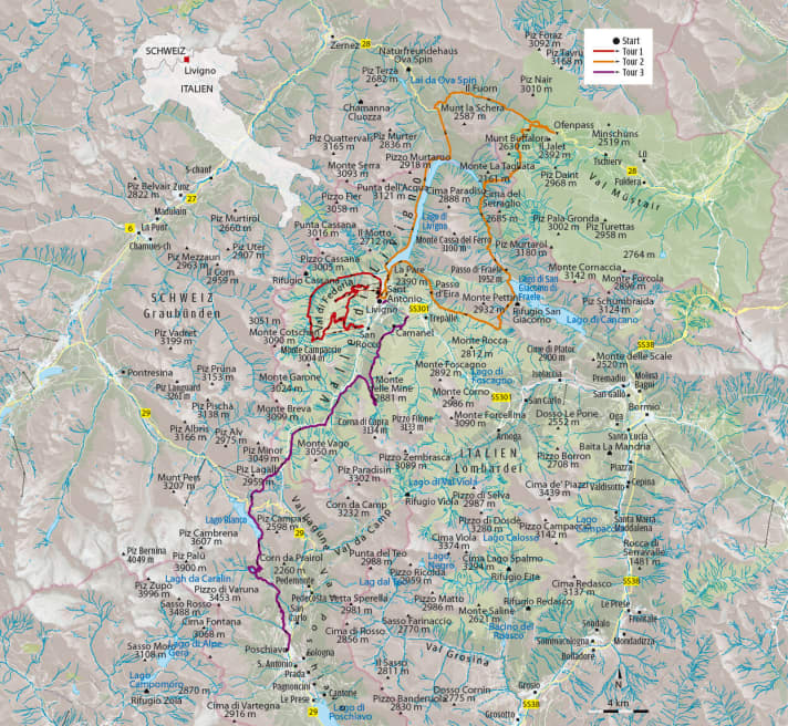   The Livigno tours in the overview map