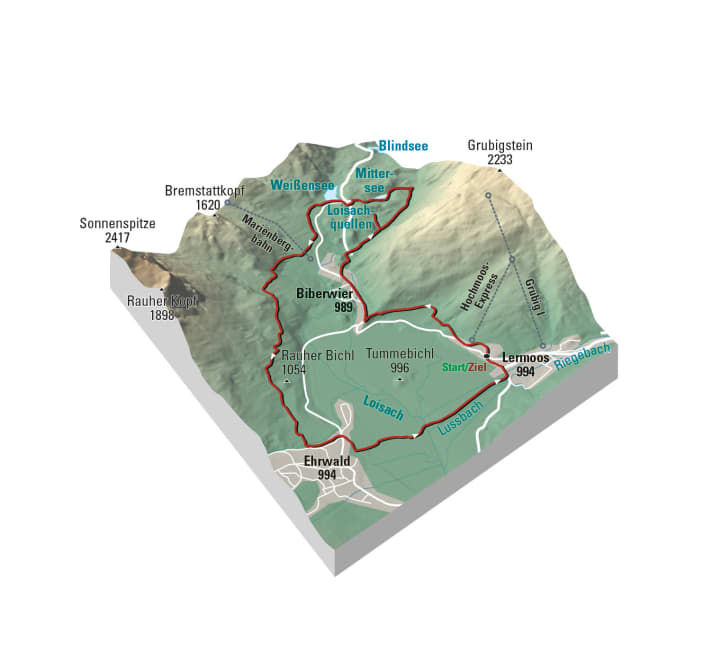   Die Lärchenwaldtour entlang der Loisach-Quellen und über Mitten- und Weißensee.
