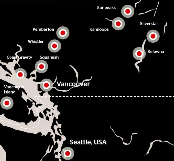 Überblick der wichtigsten Bike-Destinationen in British Columbia, Kanada.