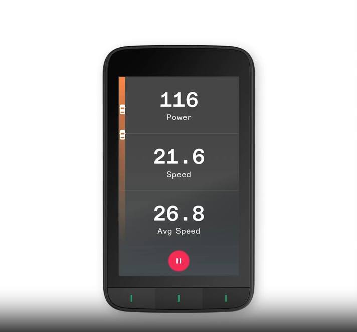 Small cars at the edge of the screen, in conjunction with a bike radar, indicate when a vehicle is approaching from behind.