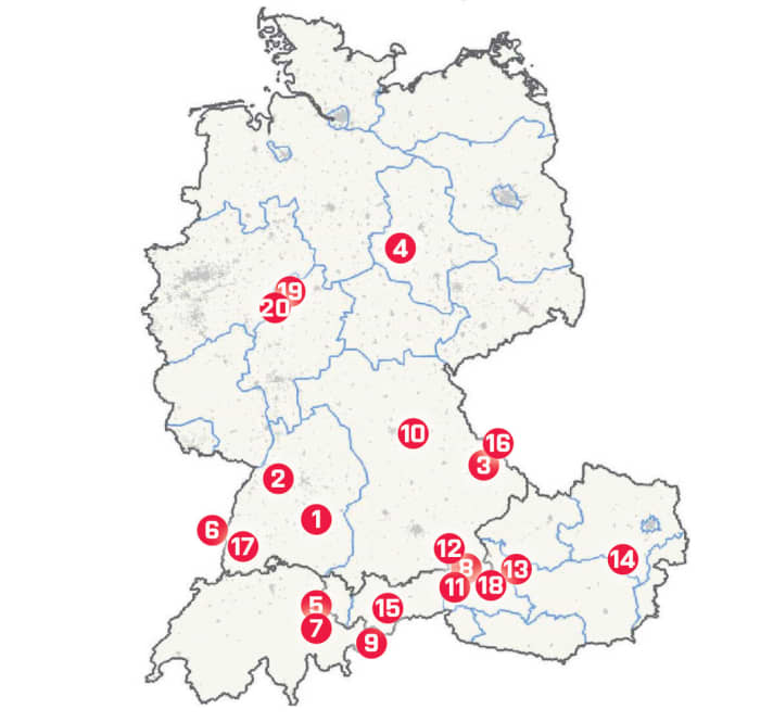 Our bike park map shows the 20 tested bike parks in Germany, Austria and Switzerland. | z.