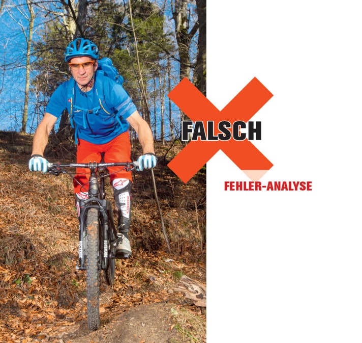   FALSCH – Fehleranalyse: Wer nur plump die Vorderradbremse zieht, ohne die Bewegung nach vorne zu unterstützen, kriegt sein Hinterrad nie hoch. Denn ohne Druck auf dem Vorderrad geht nichts. Außerdem vergisst Stefan hier den Impuls zur Seite zu geben. Schließlich will er sein Heck ins Kurvenäußere schwenken. Achtet auf seine Hüfte, die ist in einer Linie zum Vorbau – so tut sich sicher nichts. Denn, ohne Hüftschwung bleibt das Hinterrad da, wo es ist.