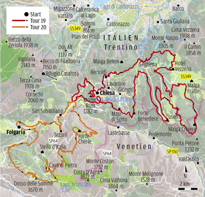   Alpe Cimbra: Trentino tours 19 (100 km dei Forti - Lavarone Lusérn) and 20 (100 km dei Forti - Folgaria).