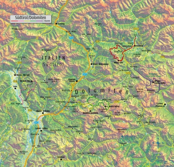   The five hut tours for mountain bikers from BIKE 4/2016 in the overview map.