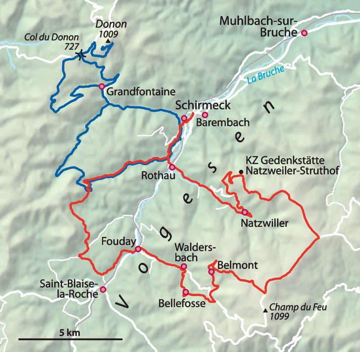 Die Routen der beiden Touren durch die Nordvogesen (rot = Tour 1, blau = Tour 2).