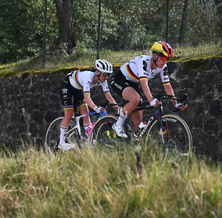 Colourful: Koch in the German champion's jersey (right) alongside rival and friend Magdeleine Vallières. Koch would also like to wear her jersey as world champion in the future