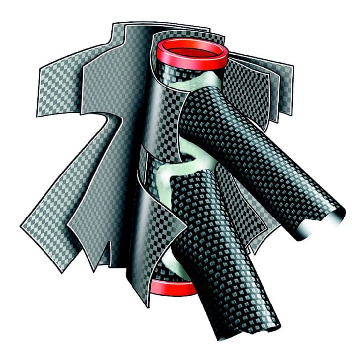   During production, several layers of carbon fibre mats are placed in the mould and baked together.