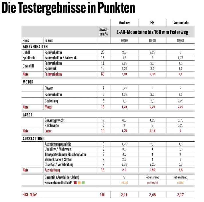 Cannondale entscheidet die Bergab-Wertungen für sich und punktet bei Qualität und Verarbeitung, Amflow gewinnt klar die Motorenwertung. Das BH hat uns im Fahrverhalten bergauf am besten gefallen.