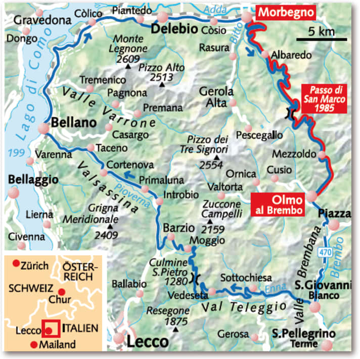   Combination option: If you are spending your holiday at the northern end of Lake Como (for example in Colico), you can tackle an attractive circular tour through the Bergamo Alps. Only the first section to Morbegno is on a busy main road. After that, you are completely alone with yourself and nature on the side roads. 
