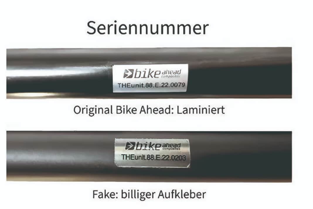 Bike Ahead Lenker Wie dieses Beispiel von Bike Ahead zeigt, schrecken die asiatischen Produktfälscher nicht vor kopierten Prüfplaketten zurück. Der Unterschied ist oft nur auf den zweiten Blick erkennbar.