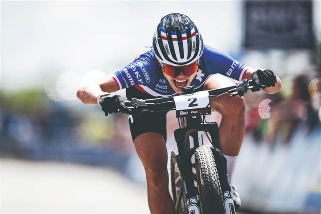 Biting: Loana Lecomte approaching the finish line at the XCO World Cup in Nove Mesto na Morave, Czech Republic.