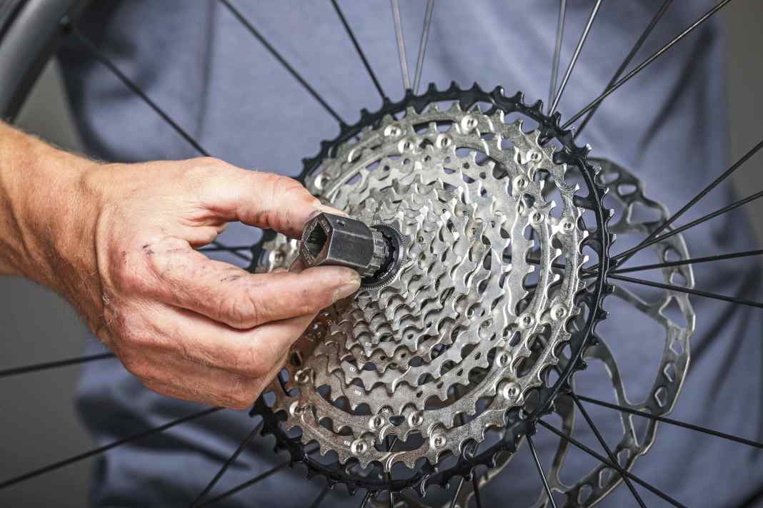 Sprocket pullers are available as a nut, as shown here, or as a complete spanner. Important: Ensure compatibility with the freewheel or cassette.