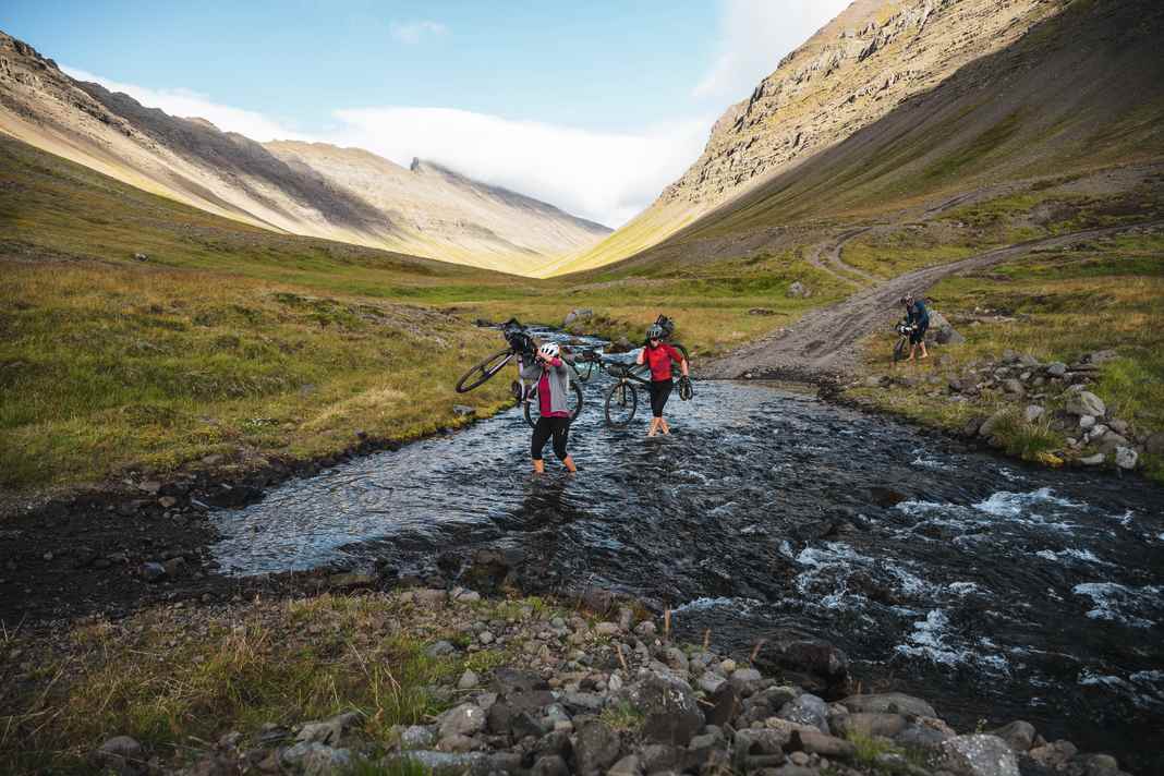 Shoes and socks off, bike shouldered and off you go... after the umpteenth stream crossing, the handholds are in place.