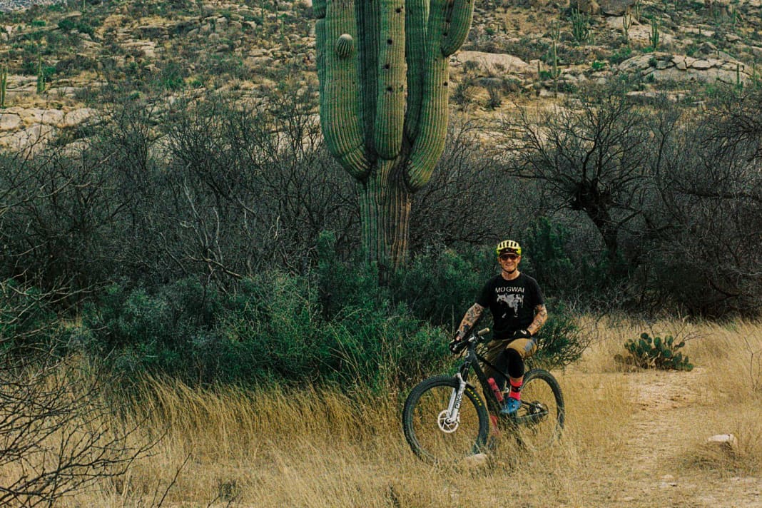 Grote groene cactus: De saguaro cactussen in Arizona zijn zeer indrukwekkend. Exemplaren zoals deze edelsteen zijn enkele honderden jaren oud. De groottevergelijking met BIKE-verslaggever Henri Lesewitz laat zien hoe groot de saguaro-cactussen kunnen worden.