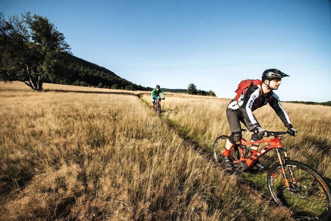 The scars of mining. Where a peculiar heath landscape stretches out today, ore was once mined.
 mined for ore. Today, the old spoil tips are the envy of the locals in Goslar. Flow trails
 like this one end right at the gates of the town.