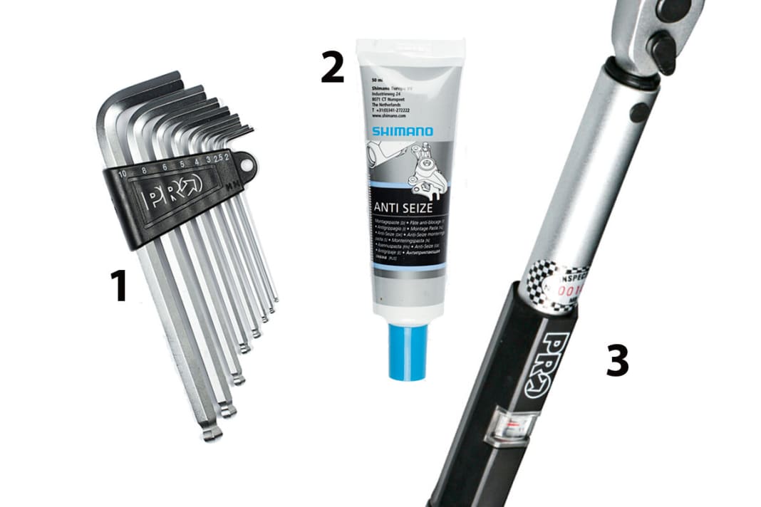 You will need these tools: 1. Allen key, 2. assembly paste, 3. torque spanner
