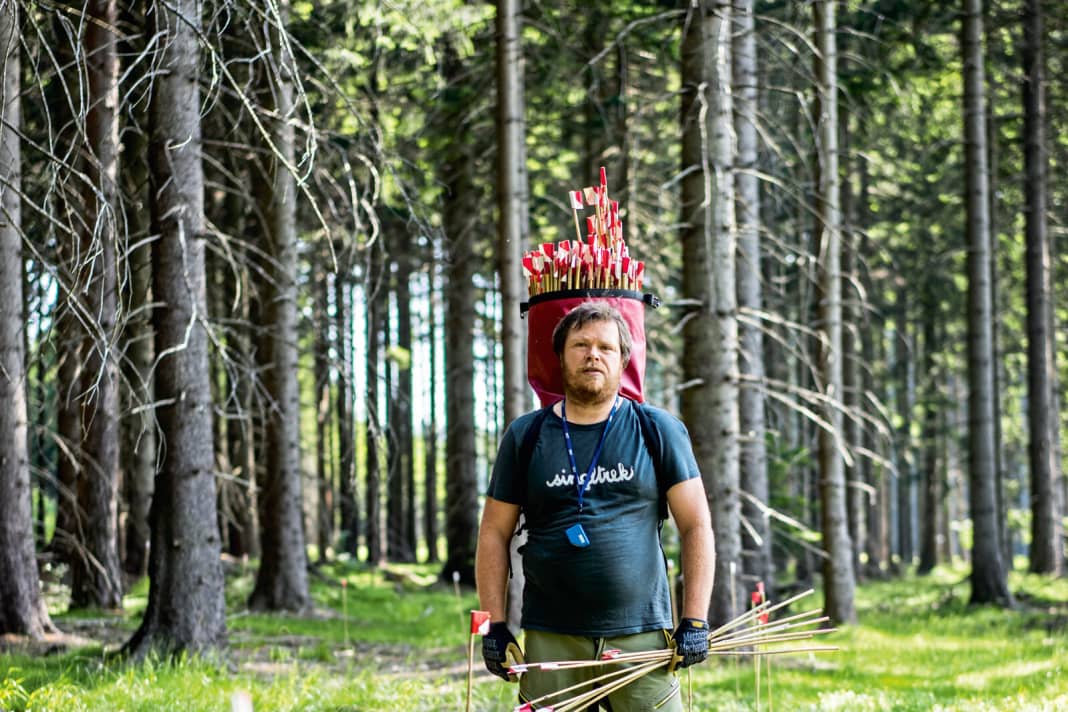 Sharp lines, sharp bends: Czech Tomáš Kvasnicka grows trails like other geraniums. He uses flags to mark out possible routes in Pod Smrkem. Now he is planning to reclaim the singletrack desert that is Germany.