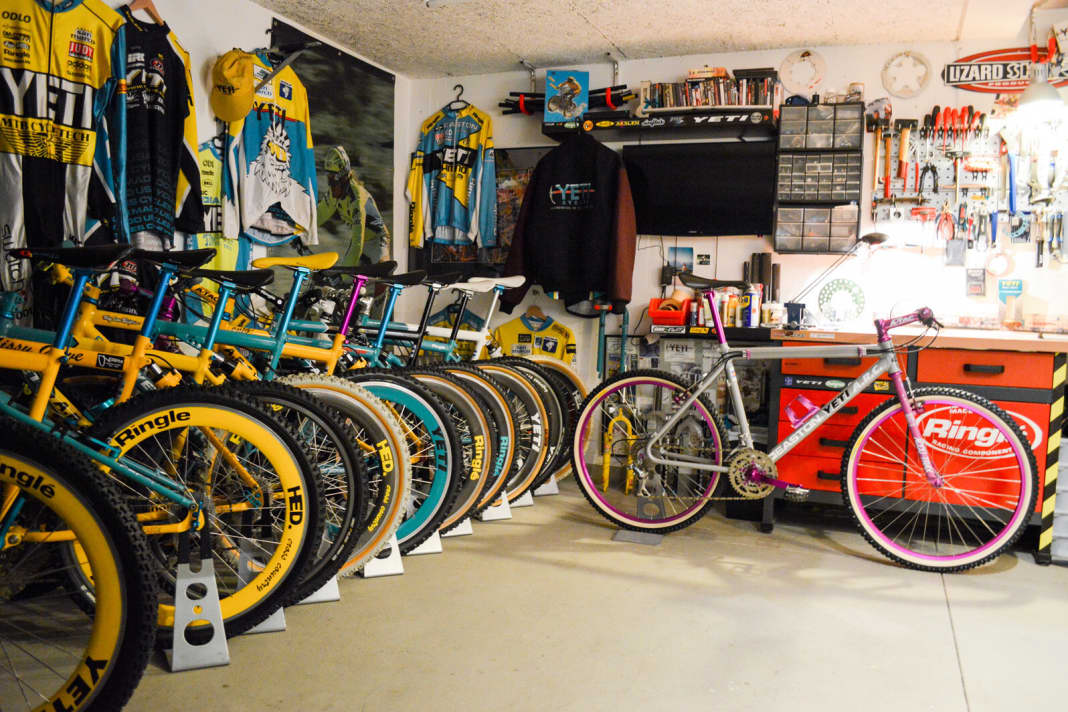 Jerseys, posters, bikes: Christian's basement is a walk-in Yeti shrine.