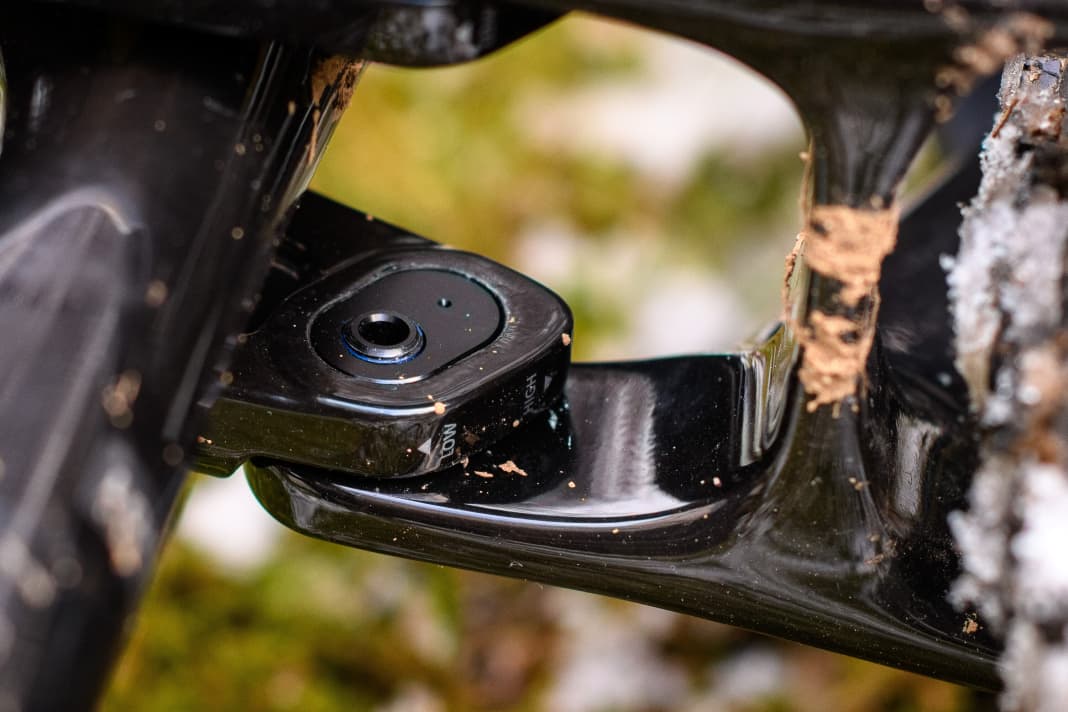 Der Flipchip sitzt in der Wippe. Wird der ovale Einsatz gedreht, fallen Lenk- und Sitzwinkel etwas steiler aus als in der flachen Werkseinstellung. Davon profitieren Biker, die ein etwas verspielteres Lenkverhalten suchen.