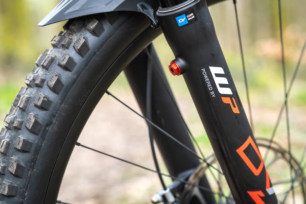 Im Bike steckt ein Spezialfahrwerk von WP, das in Kooperation mit DVO entstanden ist. Die Ventile am Gabel-Casting dienen zum Entlassen von ungewolltem Luftstau.