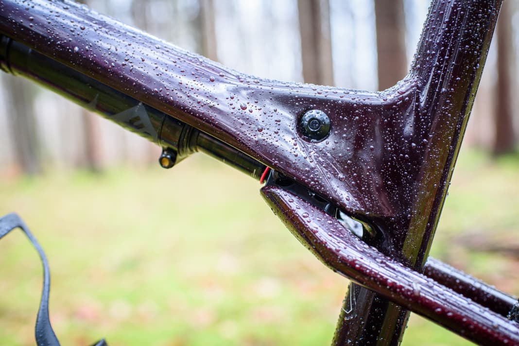 Anders als beim optisch ähnlichen Supercaliber von Trek lenkt Specialized den Dämpfer beim Epic World Cup über eine kleine Wippe an.