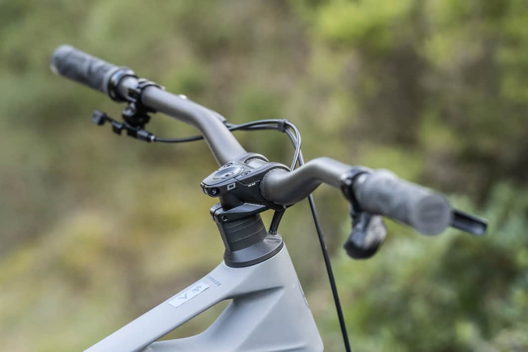 A welcome sight: Thanks to the long steerer tube and riser handlebars, the front end is nice and high. The brake lines and cables run through the headset directly into the inside of the frame.