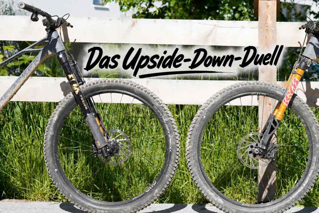 Two forks go head-to-head: there can only be one winner. On the left is the established market leader, Fox Podium Factory, with its upside-down design; on the right is the challenger from Japan: KYB. As expected, both forks demonstrate lower stiffness in laboratory tests than conventional suspension forks.