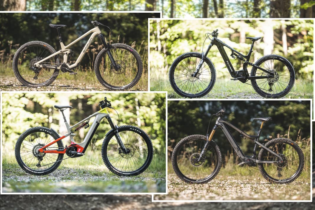 Four E-Enduros with massive suspension travel in a system comparison. Light or strong?