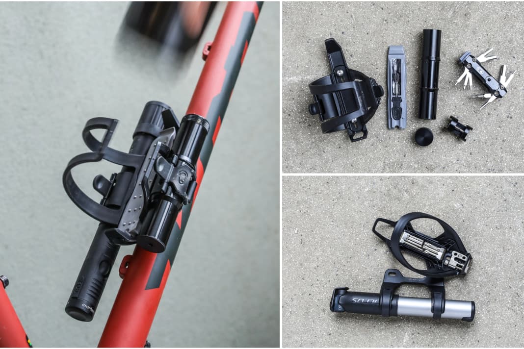 If there is only one bottle cage position on the frame, bottle cages with integrated tools are a good solution. Models from Crankbrothers & Syncros in the test.