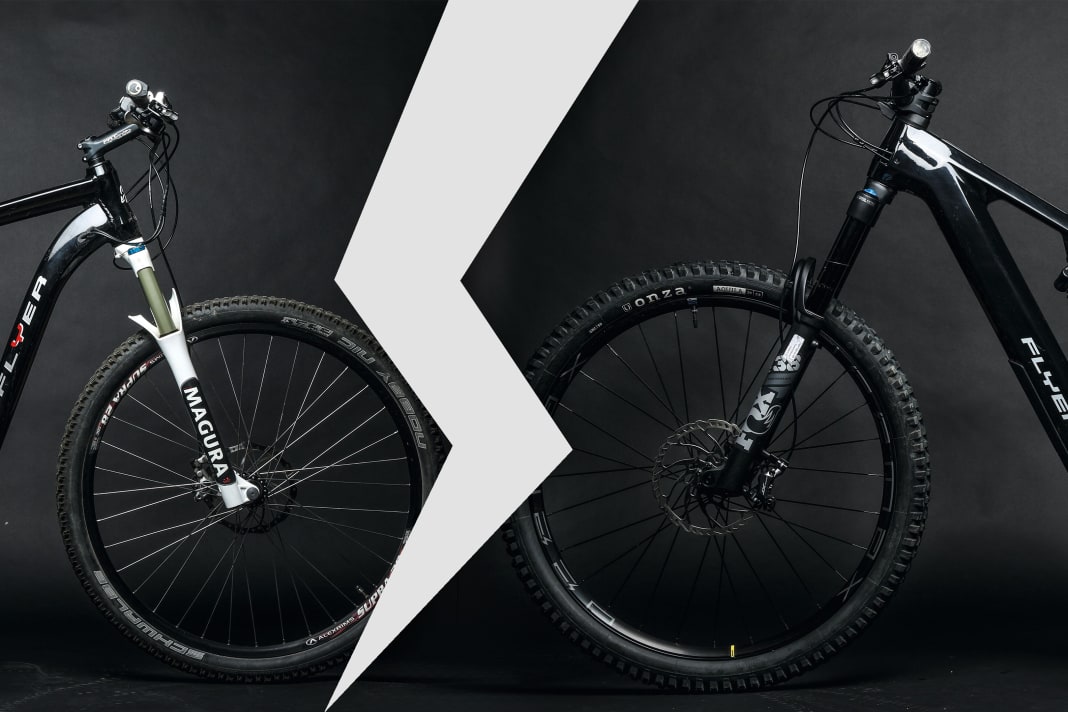 Old versus new: The original E-MTB from Flyer from 2010 compared with the modern Uproc Evo:X.