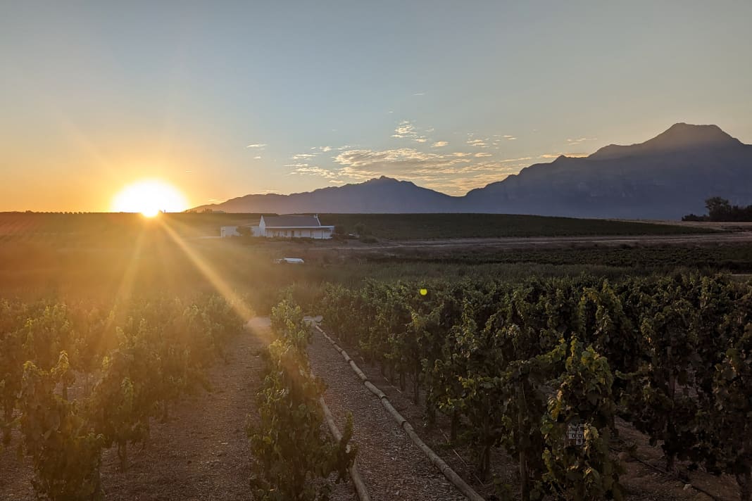 Sunrise over Saronsberg, the start and finish of the 2nd stage of the Cape Epic.