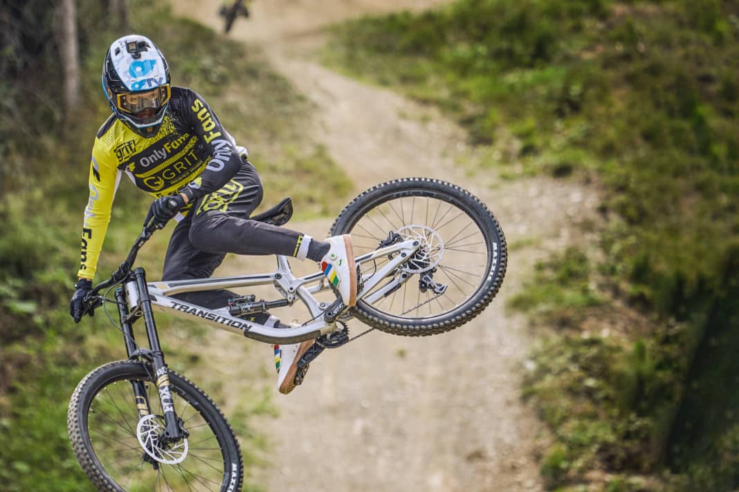 Accelerator: We engaged Worldcupper Stefan Garlicki to get a racer's opinion on each bike. Here Stefan dances over the step-up on the former World Cup track.