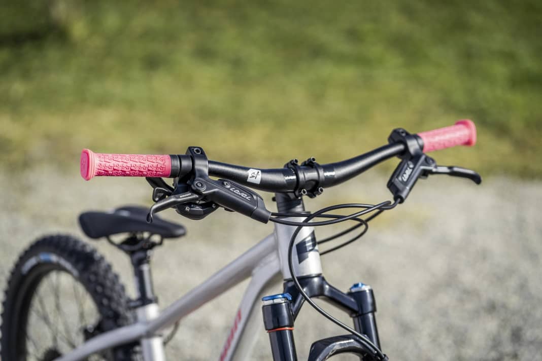 Six-pack 1st-Ride components and hydraulic disc brakes adorn the cockpit of the Dreckspatz.