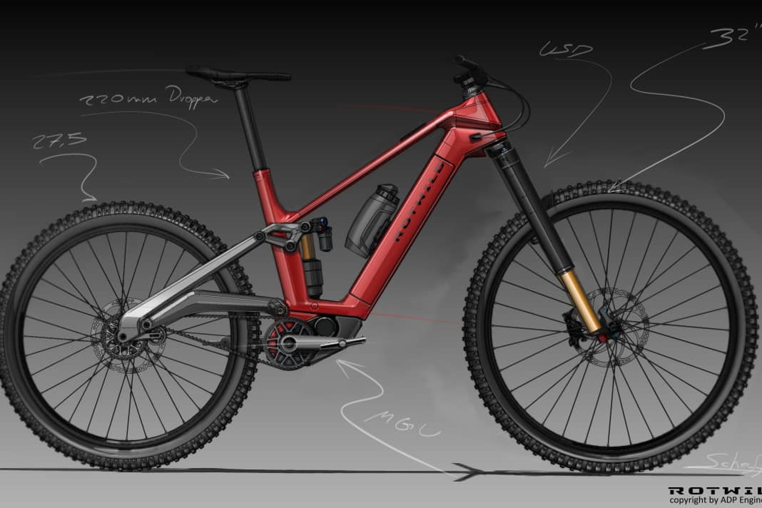 Vision 2030 by Lutz Scheffer: E-Enduro category (carbon) Suspension travel 170/170 millimetres Battery 1000 Wh solid-state battery, high charging speed, quick-release rear suspension system Mid-high pivot Wheels Super-Mullet 32-inch front, 27.5-inch rear, quick-release wheel sets, toothed belt and pulley remain on the frame. A second set of wheels with different tyres can be fitted in no time at all; 2.35" front, 2.5" rear tyres MGU (Motor Gear Unit) 500 % spread, toothed belt, ten-speed planetary gearbox, e-freewheel, 100 % decoupling, optional automatic gear shifting Power 100 Nm/ 1000 W peak, at 3 kilos weight 22 kilos.