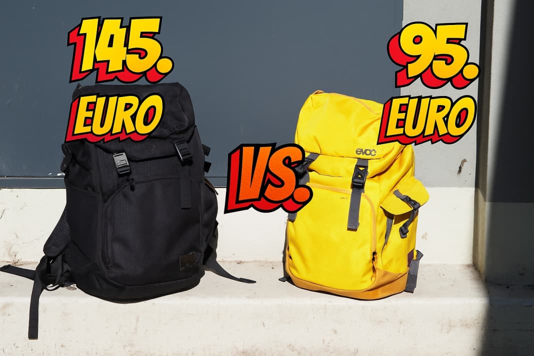 Links teuer (Evoc Misson Pro 28) ; Rechts: Günstiger (Evoc Mission 22). Welcher Rucksack lohnt sich für Pendler?