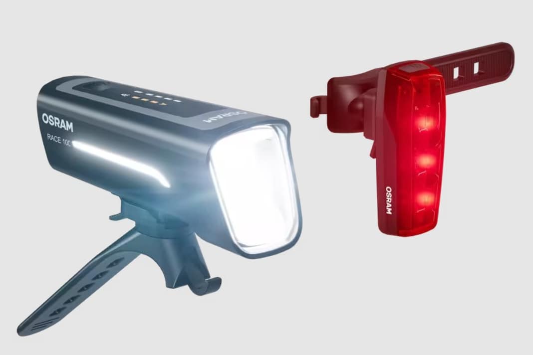 Light duo: front and rear light are coupled. The rear light also has a "brake light function". This means that the rear light lights up strongly when braking, just like in a car.