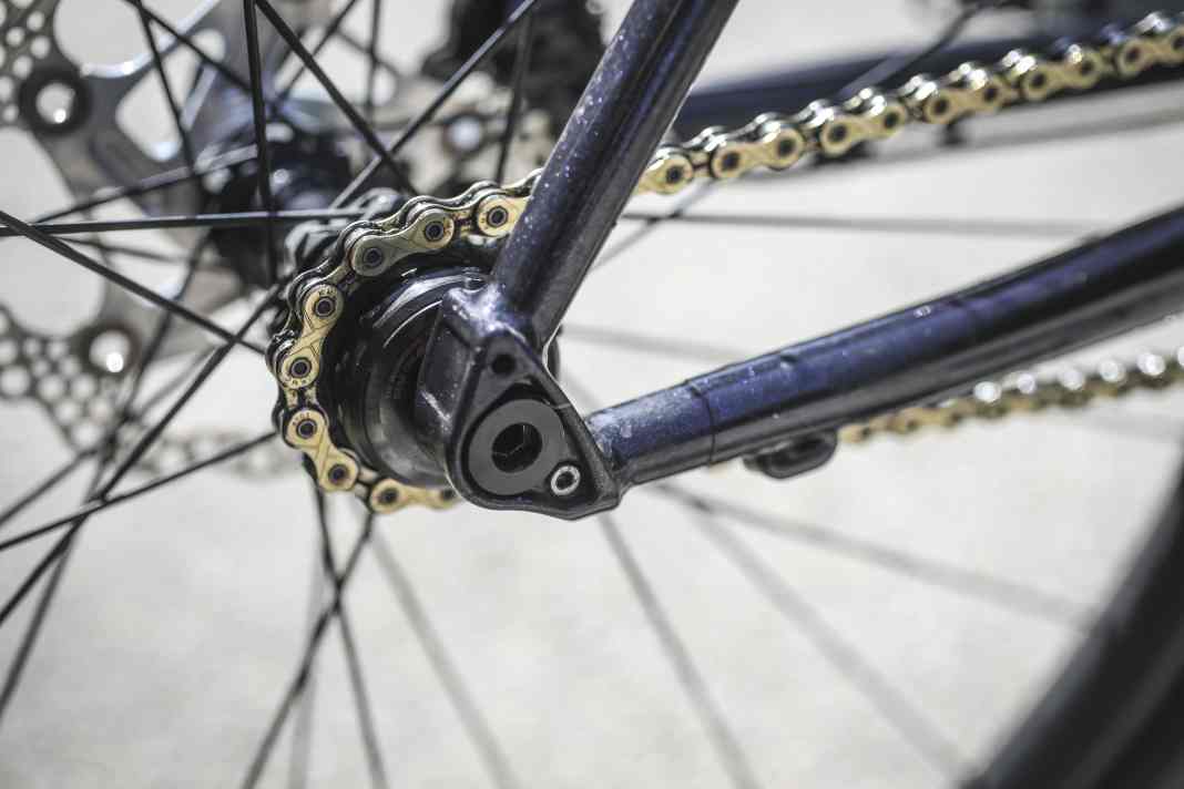 There could be a rear derailleur hanging here. Instead, there's only one sprocket. Single-speed mountain bikes are the exotic among the exotic.