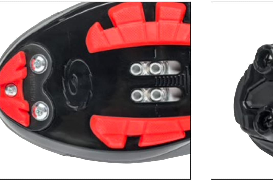 Sohlensteifigkeit: Bei den meisten Race-Schuhen in der Preisklasse bis 260 Euro kommt eine mit Carbon-Fasern (CFK) oder Glasfasern (GFK) verstärkte Kunststoffsohle zum Einsatz. Mit Carbon-Matten (Northwave, Bild rechts) sind nochmals steifere Sohlen möglich. Günstige Nylonsohlen (Cube, Sidi, Bild links) fallen in der Regel weicher aus.