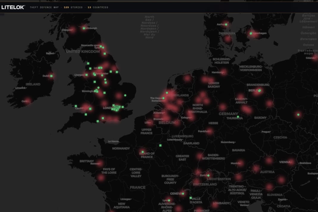 The British lock manufacturer Litelok has been publishing an interactive dashboard since May 2026 that visualises bicycle theft hotspots around the world.
