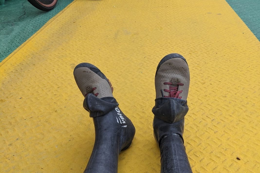 Four days of river crossings, sweat and rain. The rubber overshoes from VeloToze do a good job of keeping the rain out, but are anything but breathable