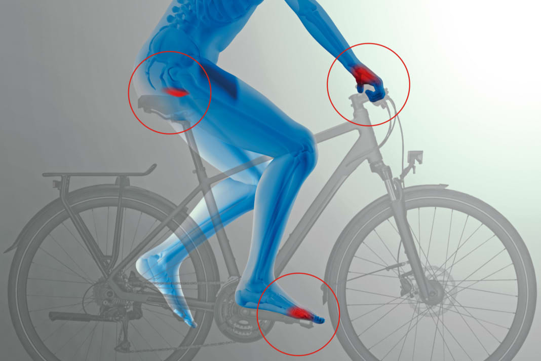 Probleme beim Radeln können am gesamten Körper auftreten, die Stellschrauben dagegen reduzieren sich auf die drei Kontaktpunkte Füße, Hände, Po. Ihre Ausformung und Position zueinander sind Gegenstand der Rad-Ergonomie.