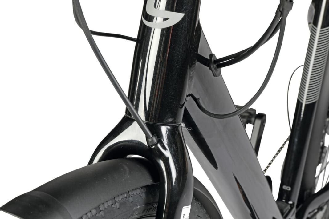 Formschön: Einführung der Bremsleitung in die Gabel am Cannondale Tesoro.