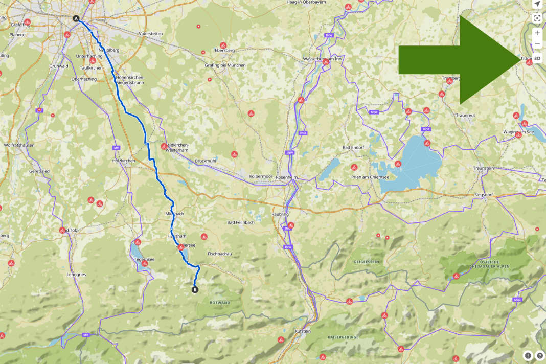 In the route planner, clicking on the 3D icon changes the view from 2D to 3D. Conversely, when the 3D view is activated, a 2D icon is displayed in the same place. You can return to the 2D view by clicking on it.